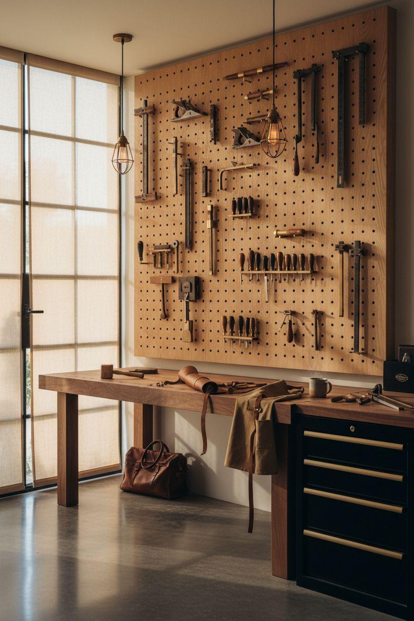 Garage Storage Ideas featuring walnut workbench and brass details