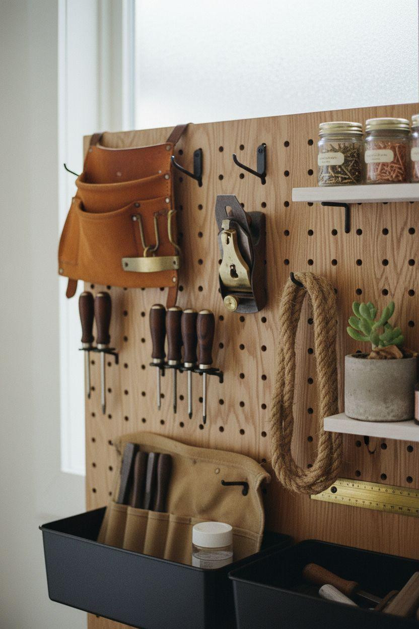 Garage Storage Ideas featuring clean white oak tool wall