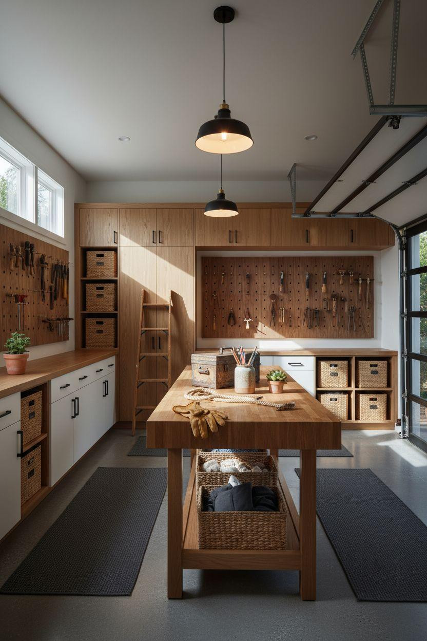 Garage Storage Ideas combining oak cabinetry with concrete counters