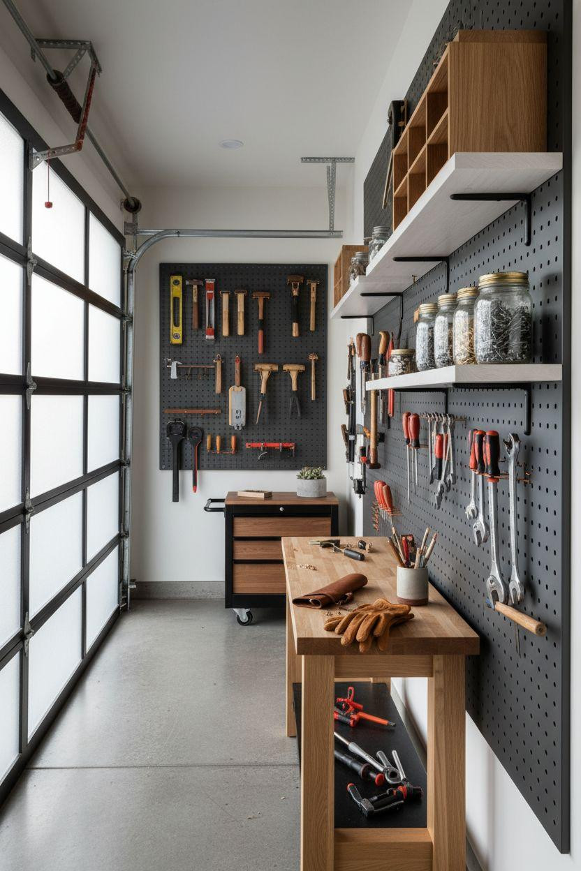 Garage Storage Ideas with copper hooks and charcoal pegboard