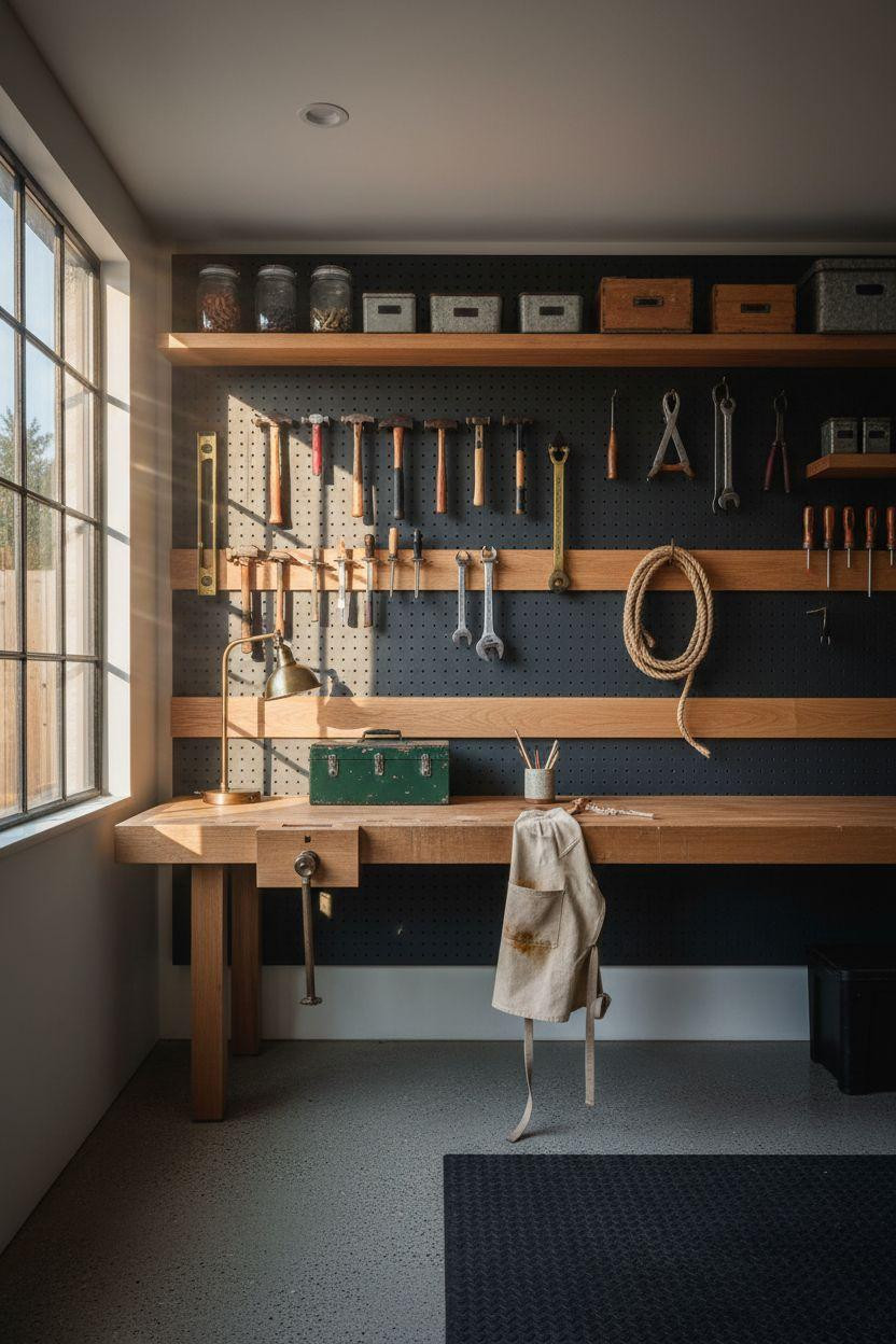 Garage Storage Ideas with charcoal pegboard and walnut workbench