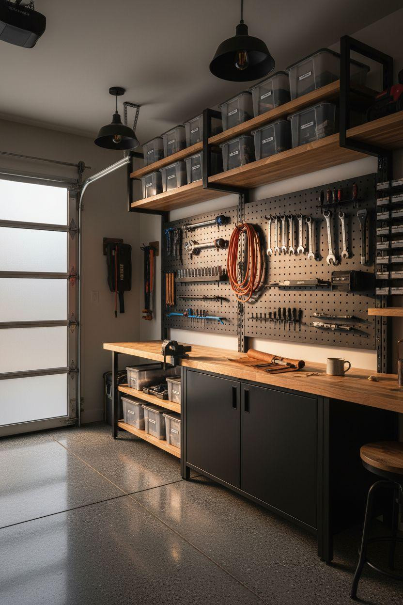 Garage Storage Ideas with smoke gray bins and black steel framework