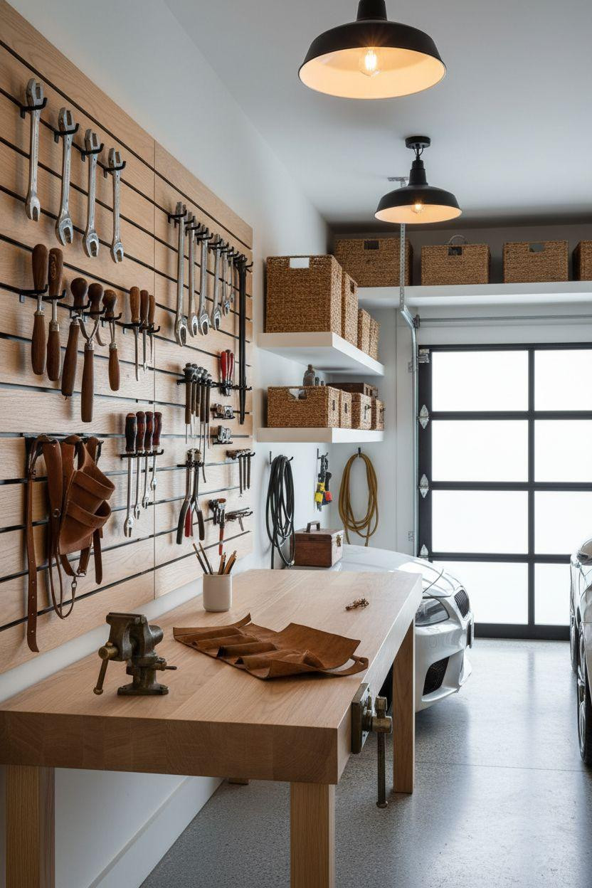 Garage Storage Ideas with white walls and natural jute baskets
