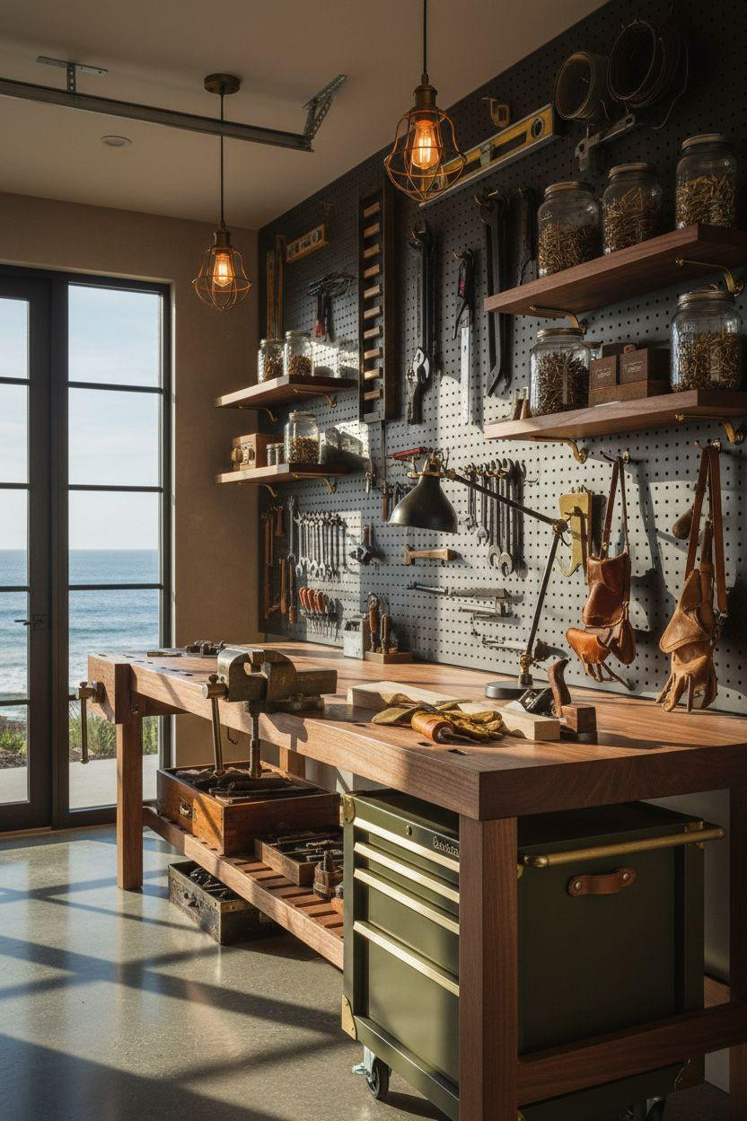 Garage Workshop Layout showcasing walnut workbench