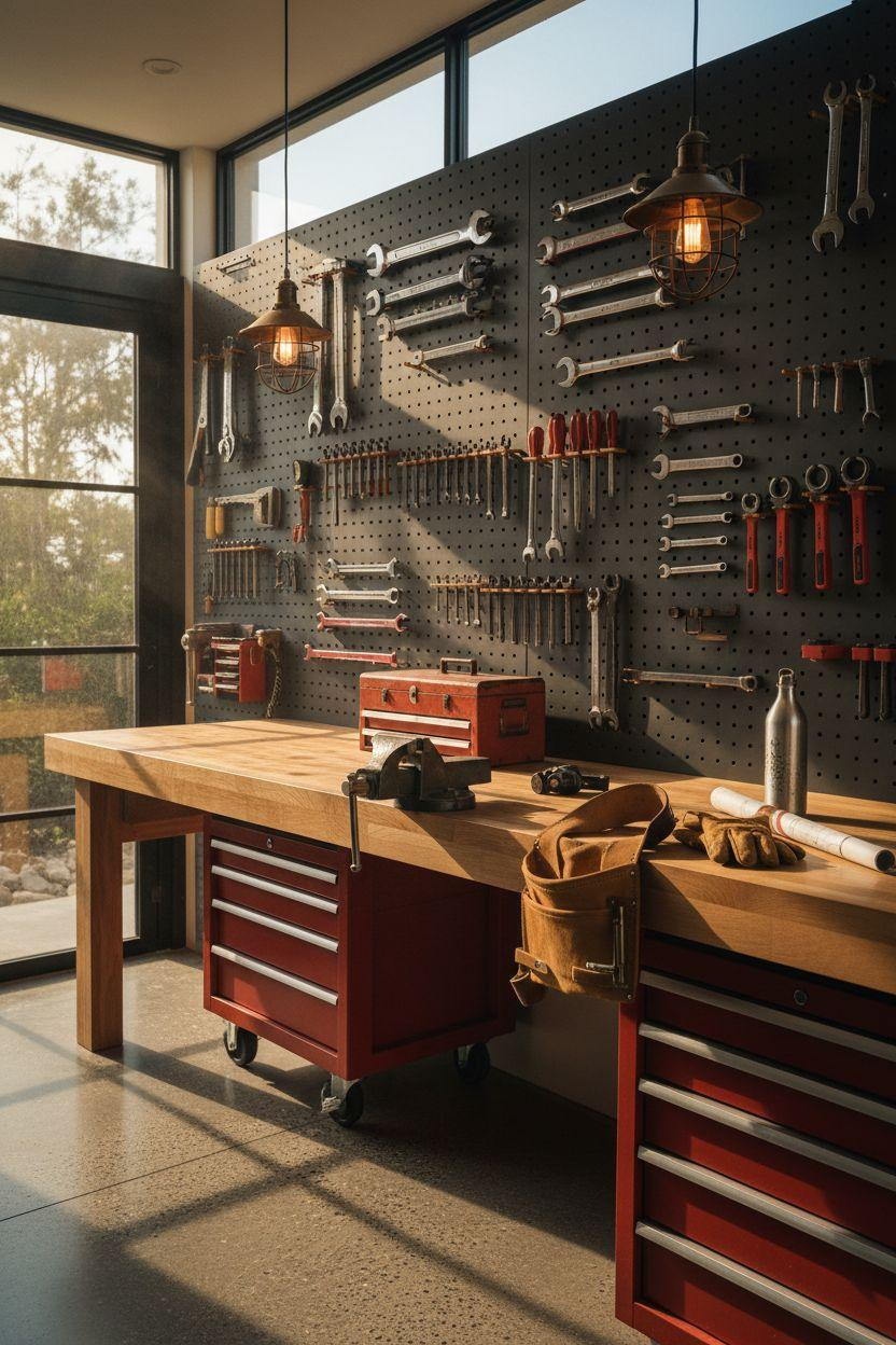 Garage Workshop Layout featuring organized pegboard wall