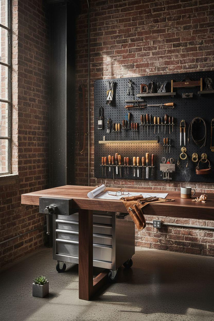 Garage Workshop Layout with live edge bench