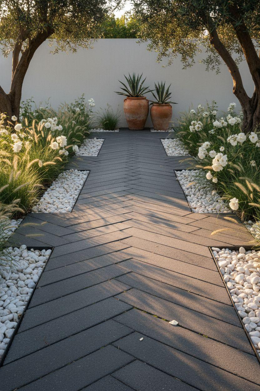 Garden Walkway with modern charcoal pavers