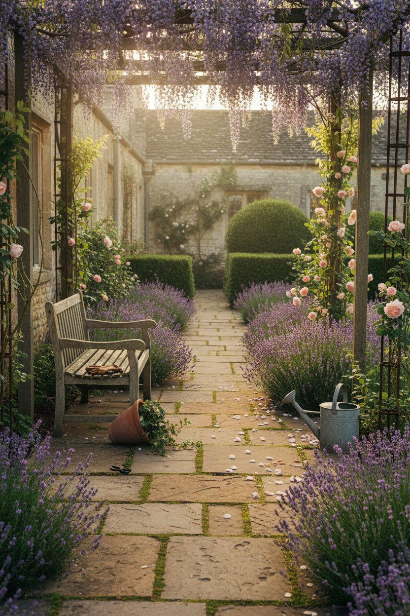 Garden Walkway with mixed plantings and stone pavers
