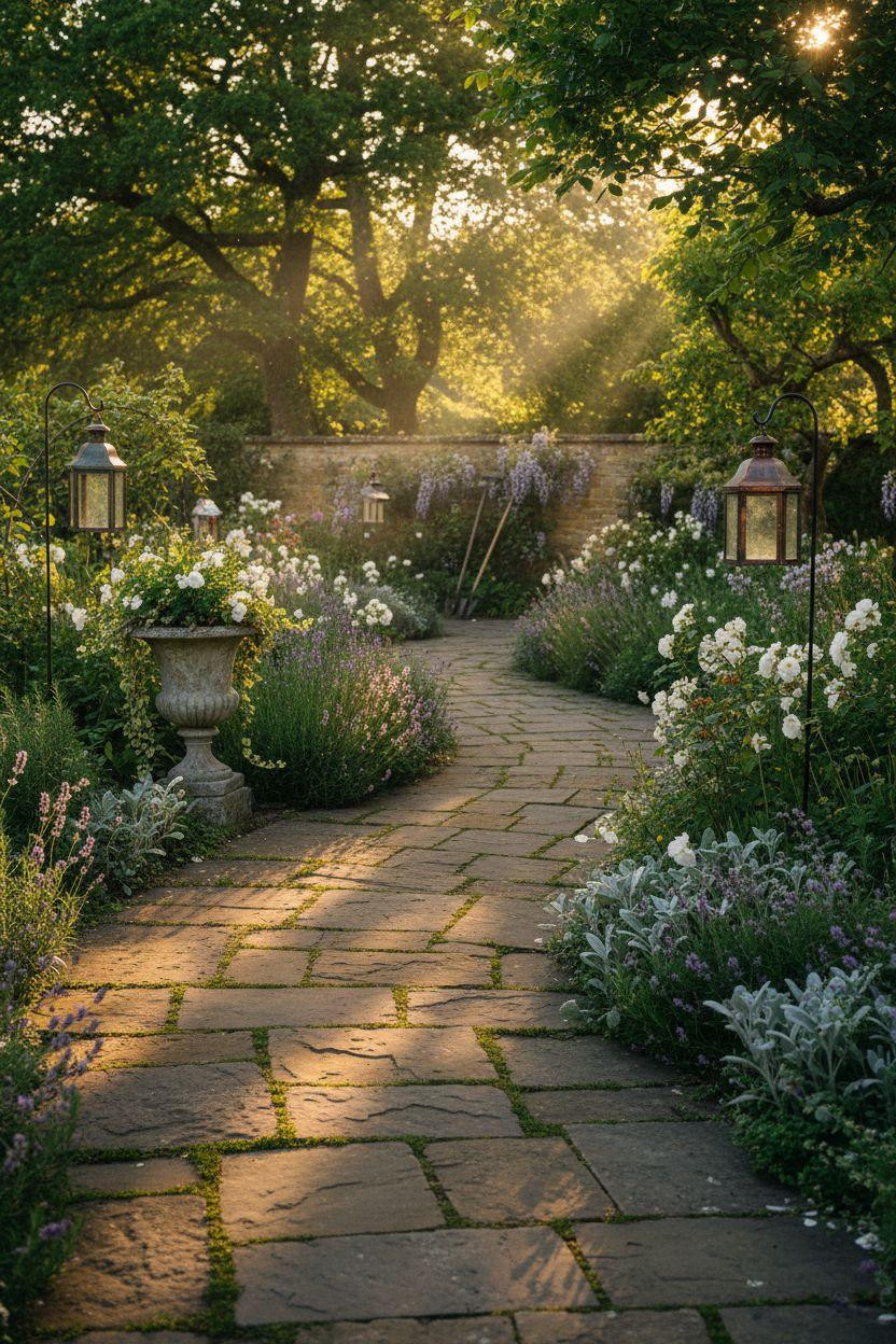 Garden Walkway under wisteria with limestone pavers