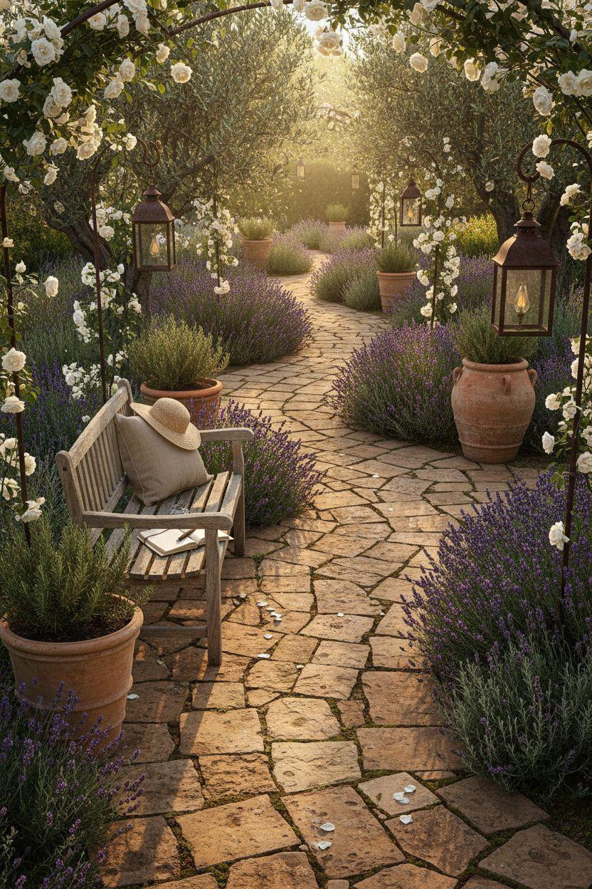 Garden Walkway with seating areas and wide pavers