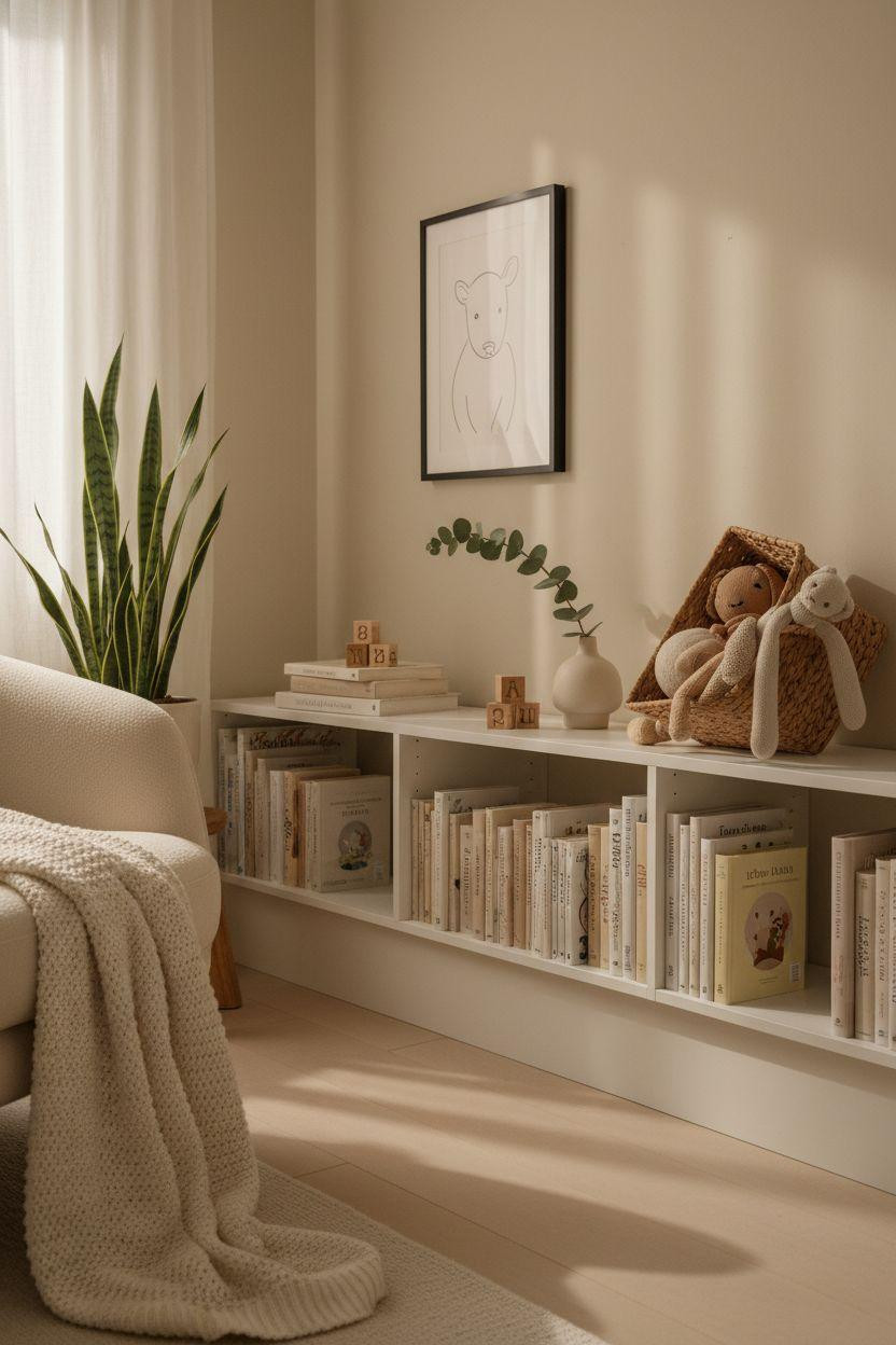 Nursery Bookshelf with neutral beige and cream styling