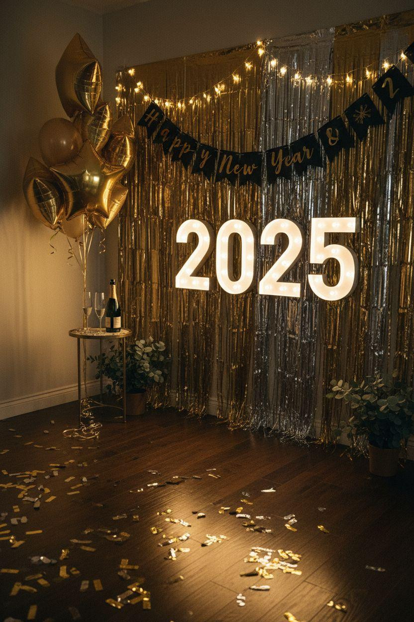 new year decorations ideas - gold fringe curtain backdrop with LED 2025 sign