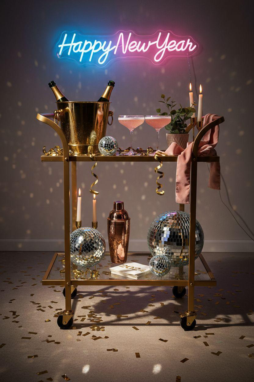 new year decorations ideas - gold bar cart with champagne and disco balls