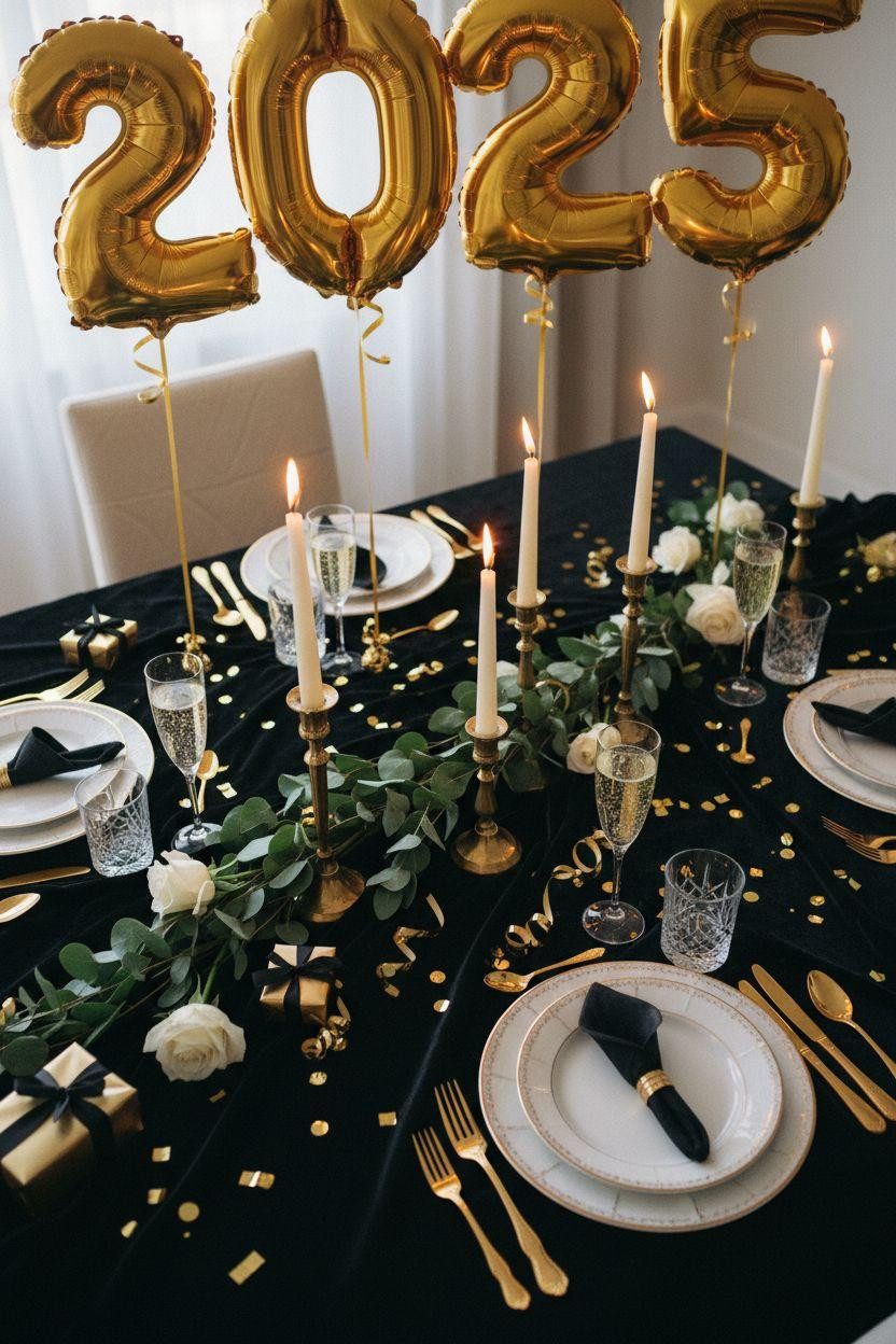 New Year table decoration with velvet and balloons