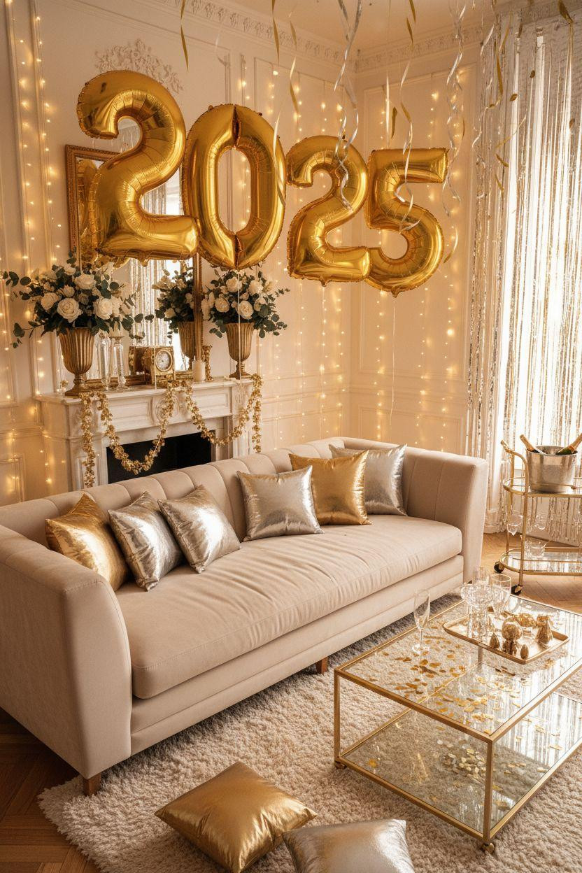 new year decorations ideas - glamorous living room with gold balloons and festive decor