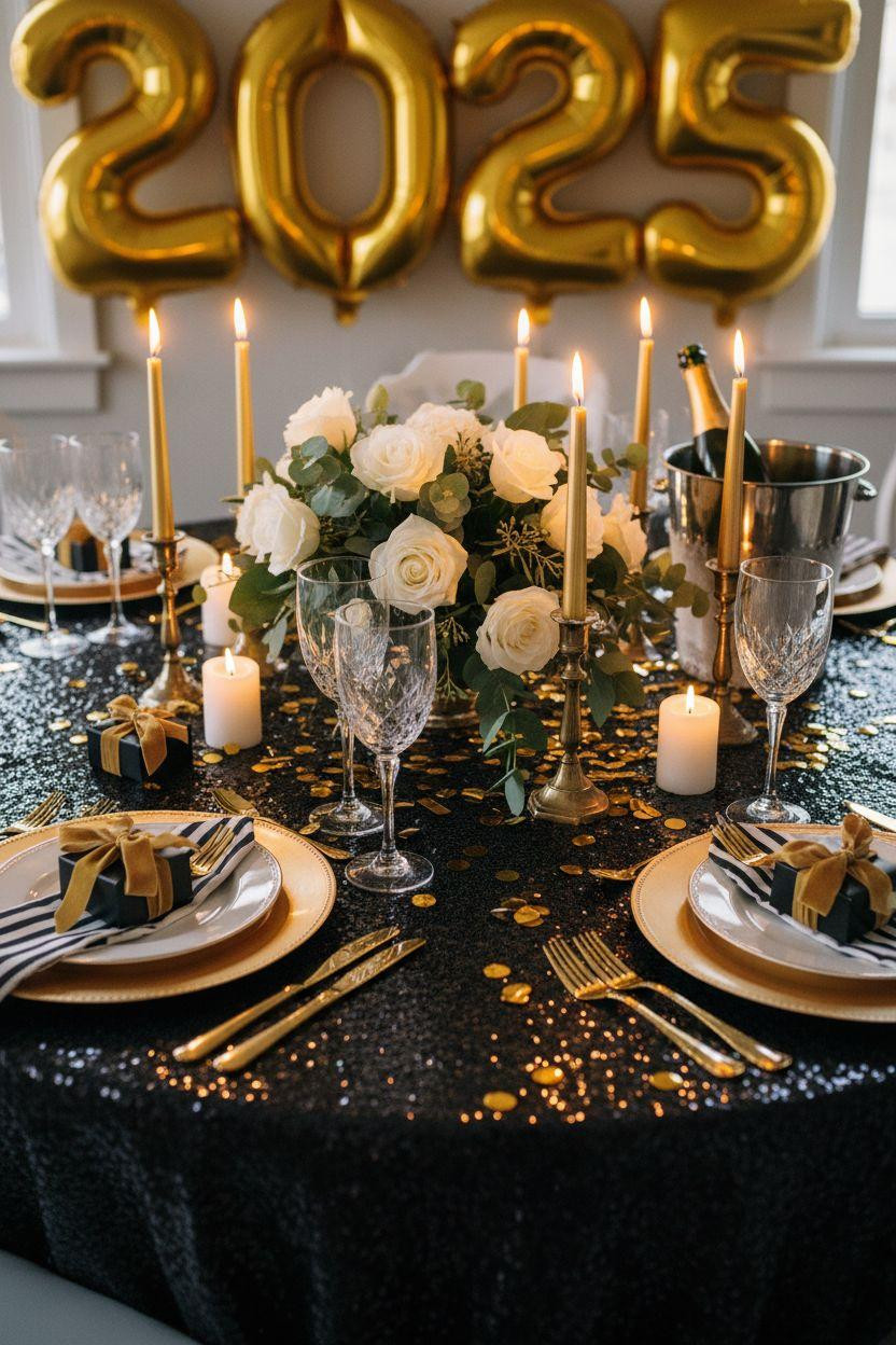 new year decorations ideas - black sequin tablecloth with gold plates