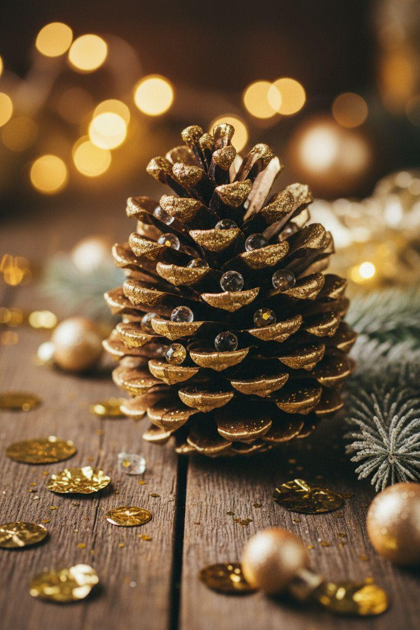 new year decorations ideas - gold painted pinecone with glitter