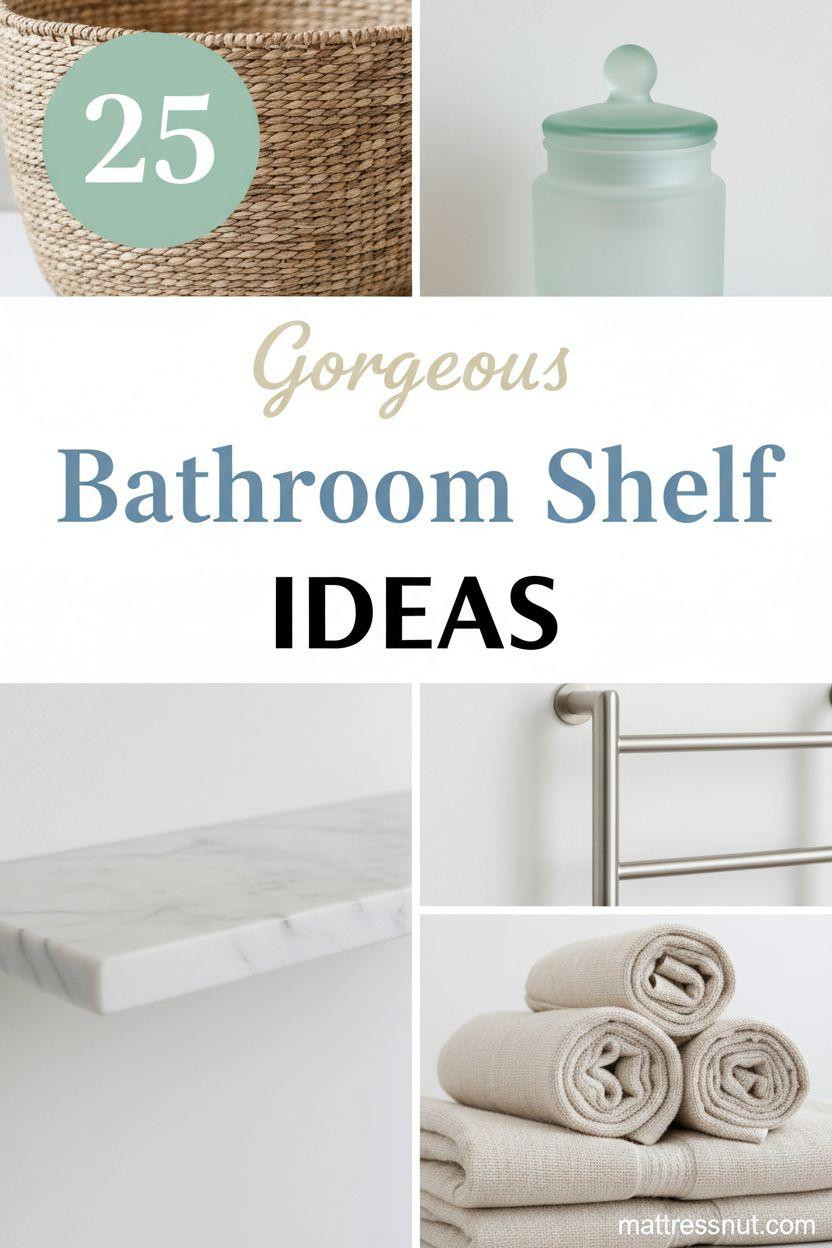 Pinterest board cover collage showcasing 25 gorgeous bathroom shelf ideas in modern coastal aesthetic, featuring rattan woven basket, frosted glass apothecary jar with seafoam lid, pearl white marble floating shelf, brushed nickel ladder towel rack, and stacked rolled ivory linen towels on clean white background.