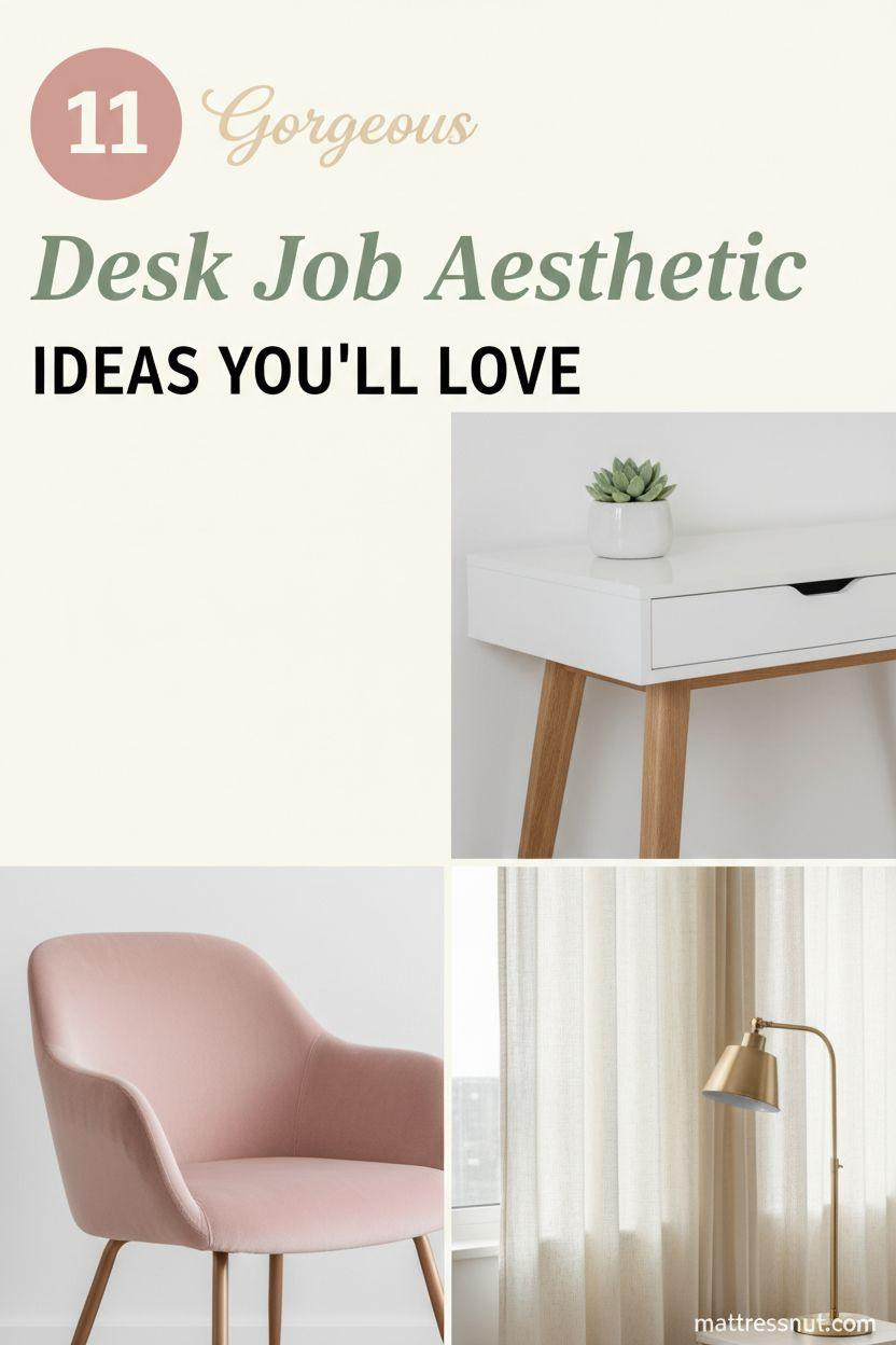 Minimalist white desk setup with natural oak legs, blush pink velvet chair, sage green succulent in ceramic pot, ivory linen curtains, and brushed gold lamp in a clean cream background. Circular pink badge with '11' and elegant text overlay for modern aesthetic inspiration.