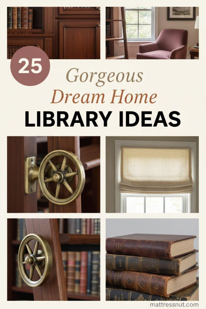 Pinterest board cover collage with burgundy '25' badge, elegant text overlays 'Gorgeous Dream Home LIBRARY IDEAS', featuring mahogany built-in bookshelves, velvet reading chair, brass library ladder, cream roman shade, and leather-bound books on ivory background for inspiring home library aesthetics.