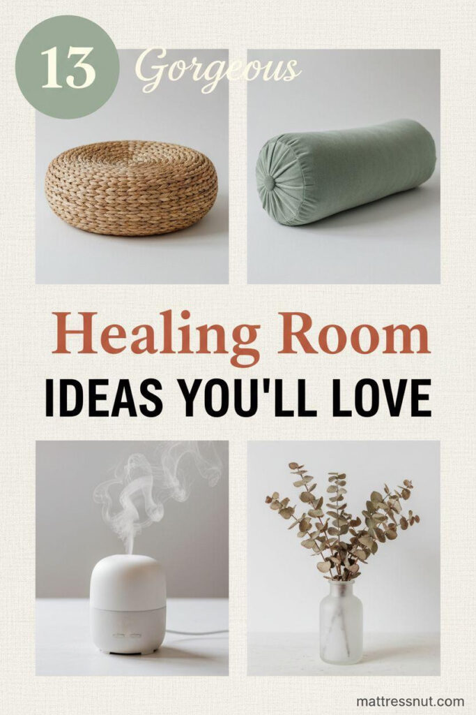 Pinterest board cover collage with sage green circular badge featuring white '13', elegant 'Gorgeous Healing Room IDEAS YOU'LL LOVE' text overlay, and 2x2 grid of rattan meditation cushion, sage green velvet bolster, white ceramic oil diffuser with mist, dried eucalyptus in frosted vase on ivory linen background.