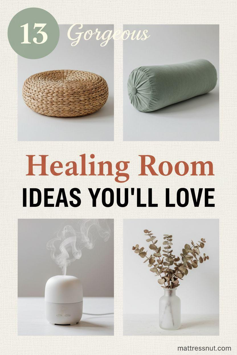 Pinterest board cover collage with sage green circular badge featuring white '13', elegant 'Gorgeous Healing Room IDEAS YOU'LL LOVE' text overlay, and 2x2 grid of rattan meditation cushion, sage green velvet bolster, white ceramic oil diffuser with mist, dried eucalyptus in frosted vase on ivory linen background.