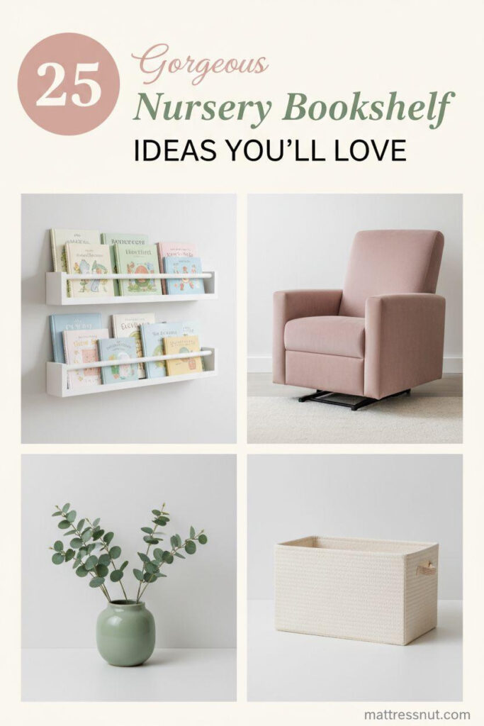Pinterest board cover featuring a collage of modern minimalist nursery elements: floating white shelf with colorful children's books, blush pink velvet glider chair, sage green eucalyptus planter, and ivory woven storage basket. Top-left circular blush pink badge with '25', overlaid text in elegant hierarchy emphasizing nursery bookshelf inspiration.