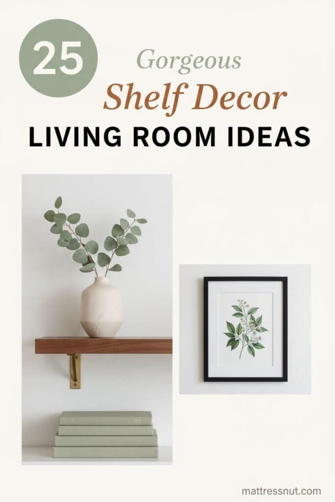 Pinterest board cover collage with sage green circular badge featuring white '25', elegant text overlays 'Gorgeous Shelf Decor' and bold 'LIVING ROOM IDEAS'. Asymmetric grid shows walnut floating shelf with brass brackets, cream ceramic vase with dried eucalyptus, stacked sage green books, and matte black frame with botanical print on clean ivory background.