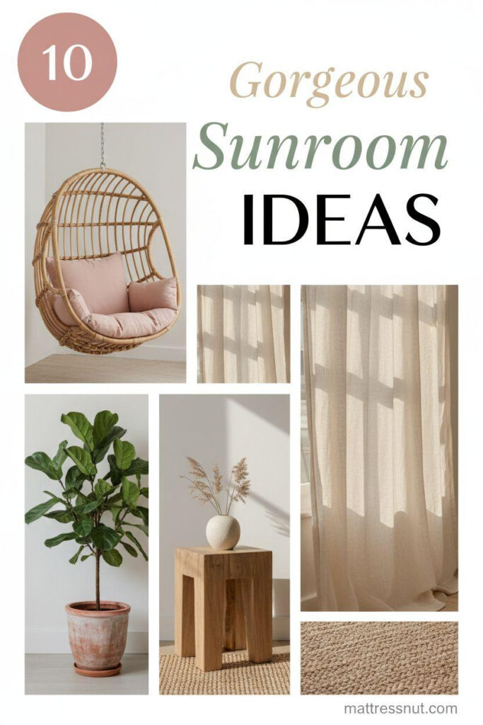 Collage of elegant sunroom elements: rattan hanging chair with blush pink cushion, sunlit ivory linen curtains, terracotta potted fiddle leaf fig, oak side table with ceramic vase, and woven jute rug texture, overlaid with 'Gorgeous Sunroom IDEAS' text in sage green and black on cloud white background.