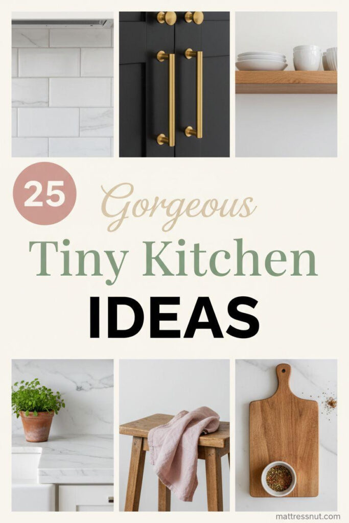 Pinterest board cover collage showcasing cloud white subway tile backsplash, warm brass hardware on matte black cabinets, oak floating shelf with ceramic dishes, marble countertop with fresh herbs in terracotta pot, and soft blush pink towel. Features pink circular badge with '25', text overlay 'Gorgeous Tiny Kitchen IDEAS' in elegant styles.