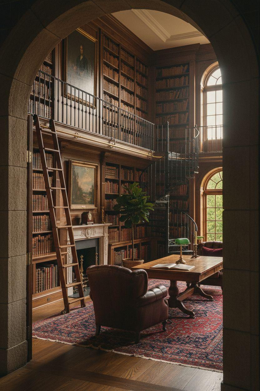 Dream Home Library Ideas - two-story library with spiral staircase