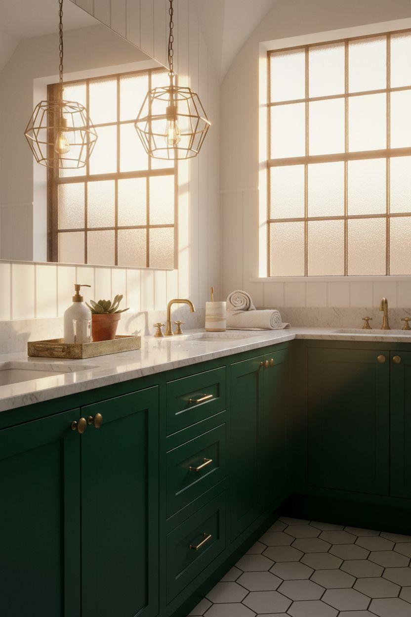 Green Bathroom Vanity with modern industrial lighting
