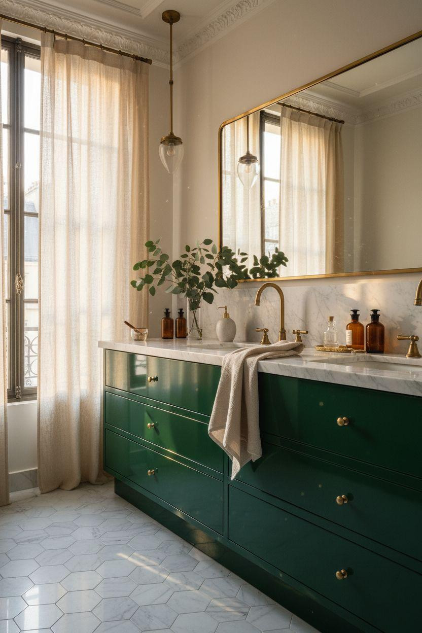 Green Bathroom Vanity with gold accents in European style