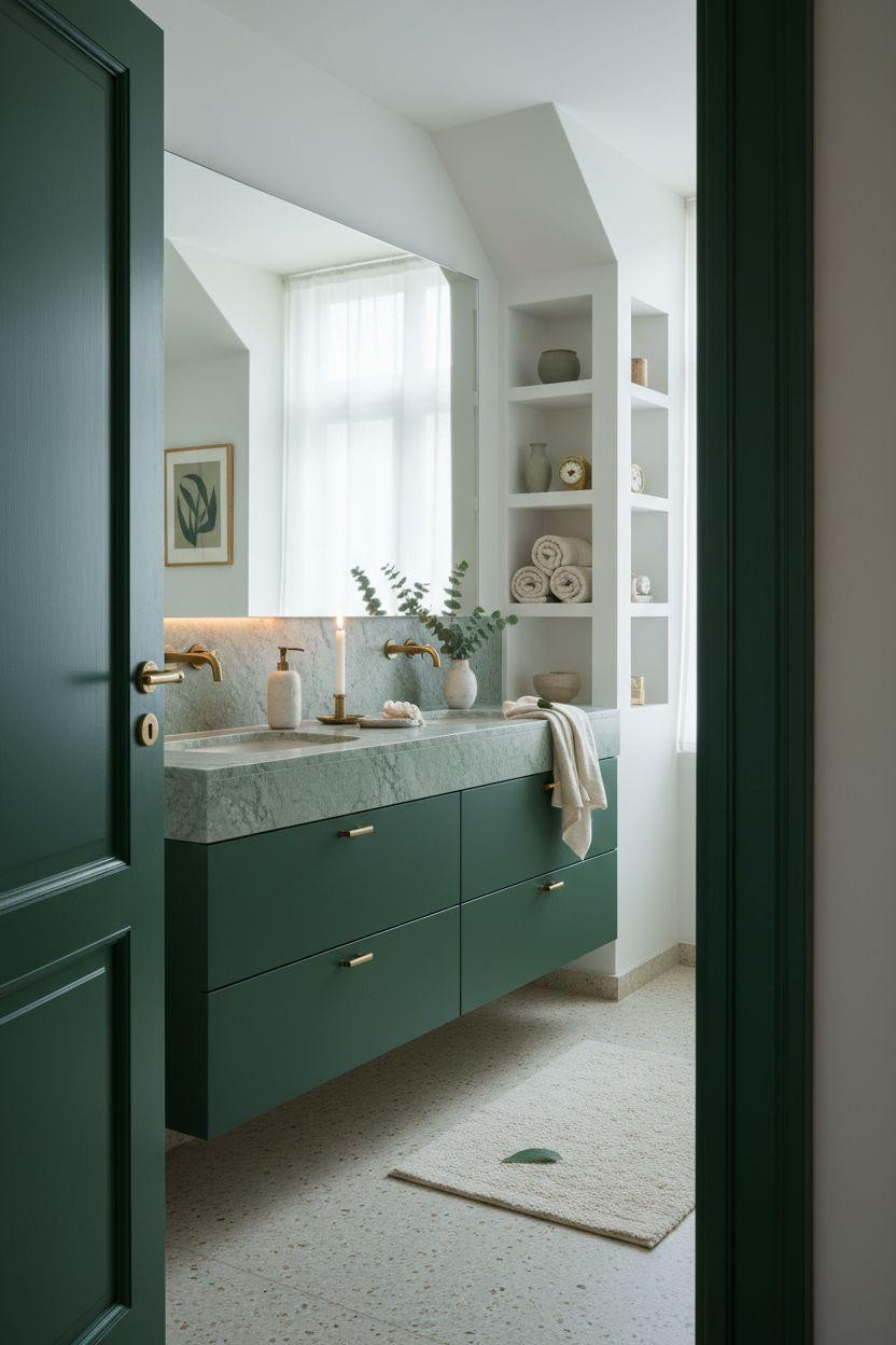 Green Bathroom Vanity with natural stone elements