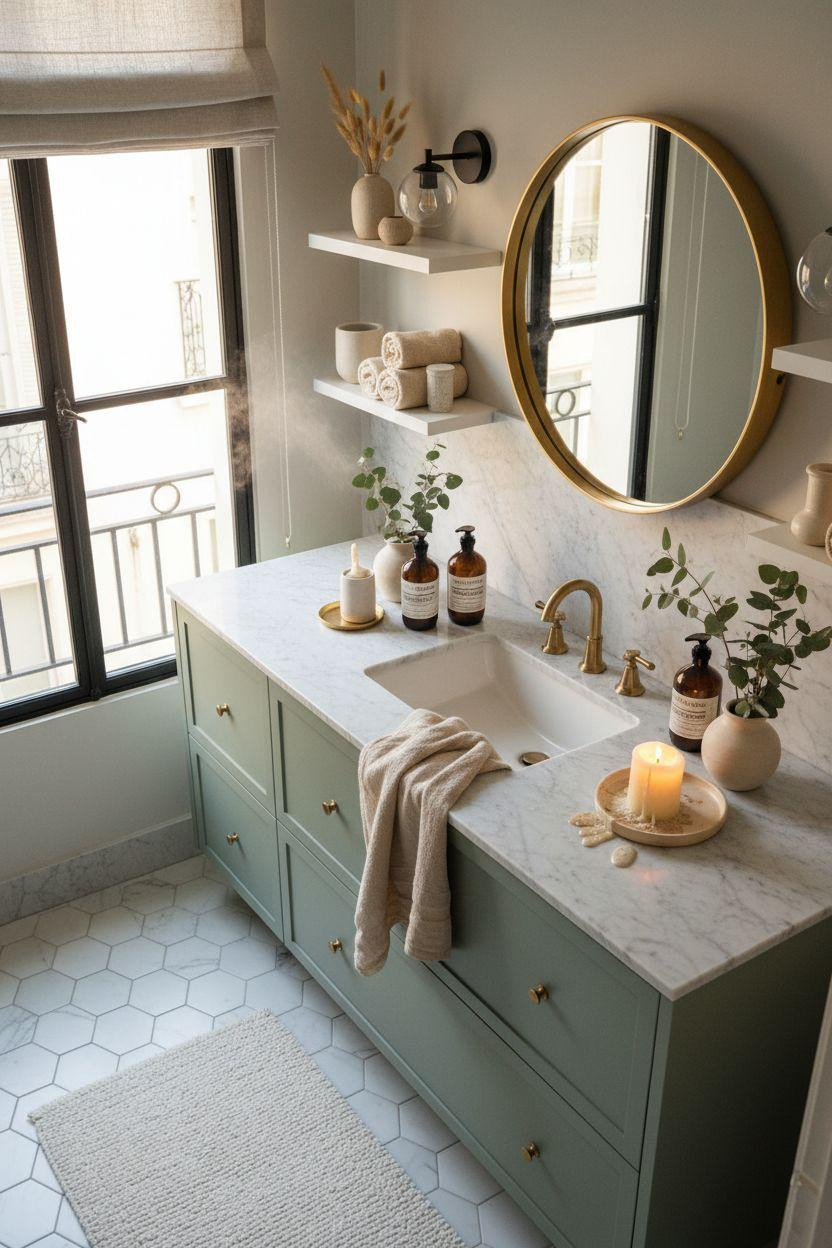 Green Bathroom Vanity with editorial styling details