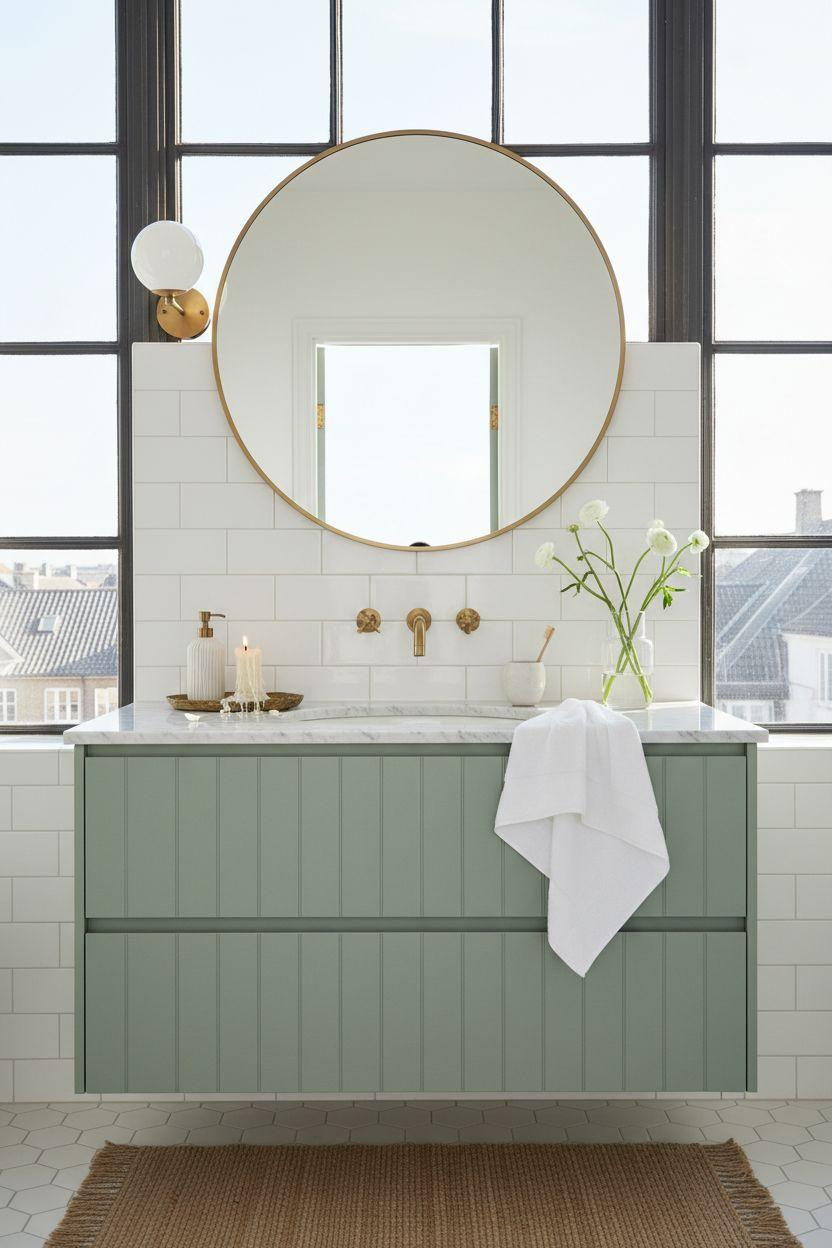 Green Bathroom Vanity with crisp white tile