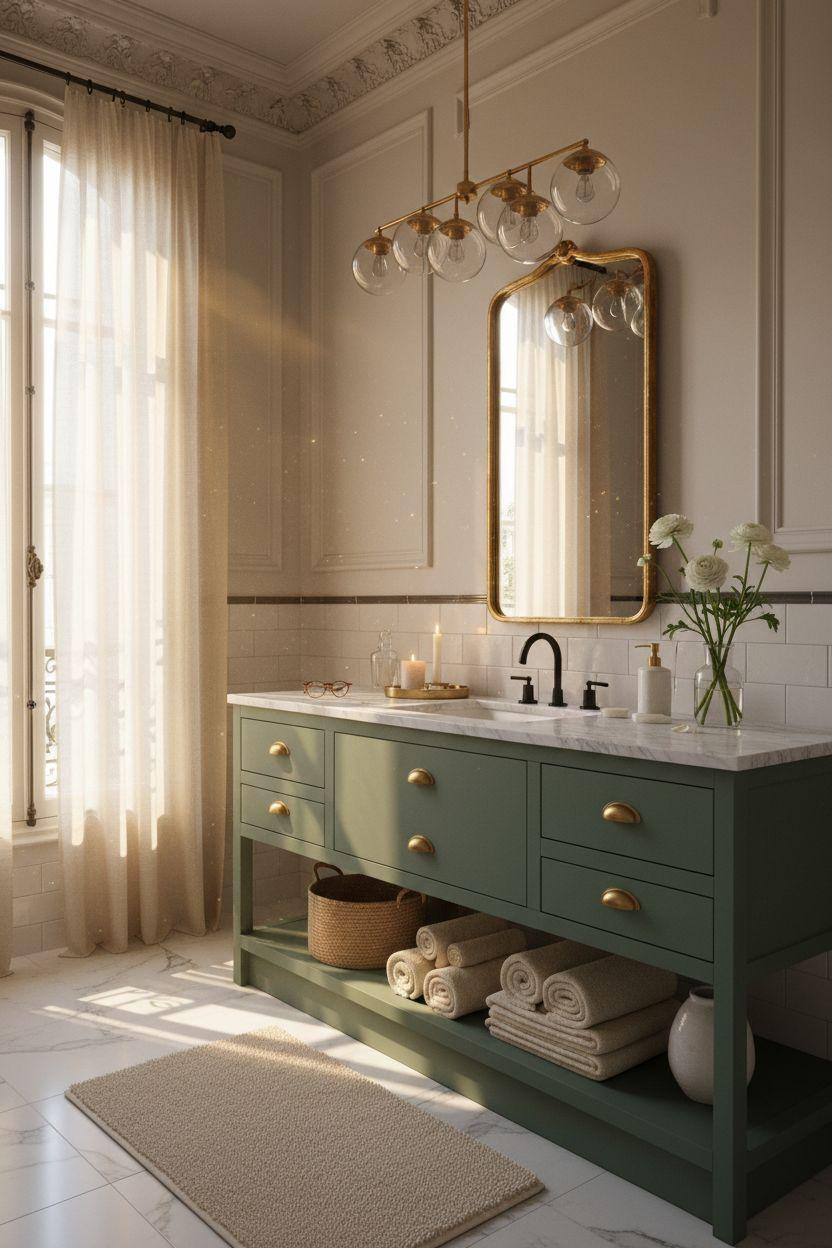 Green Bathroom Vanity with luxurious warm tones