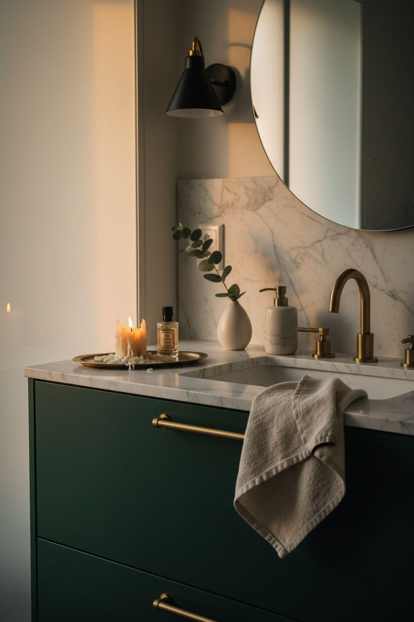 Green Bathroom Vanity with moody dramatic lighting