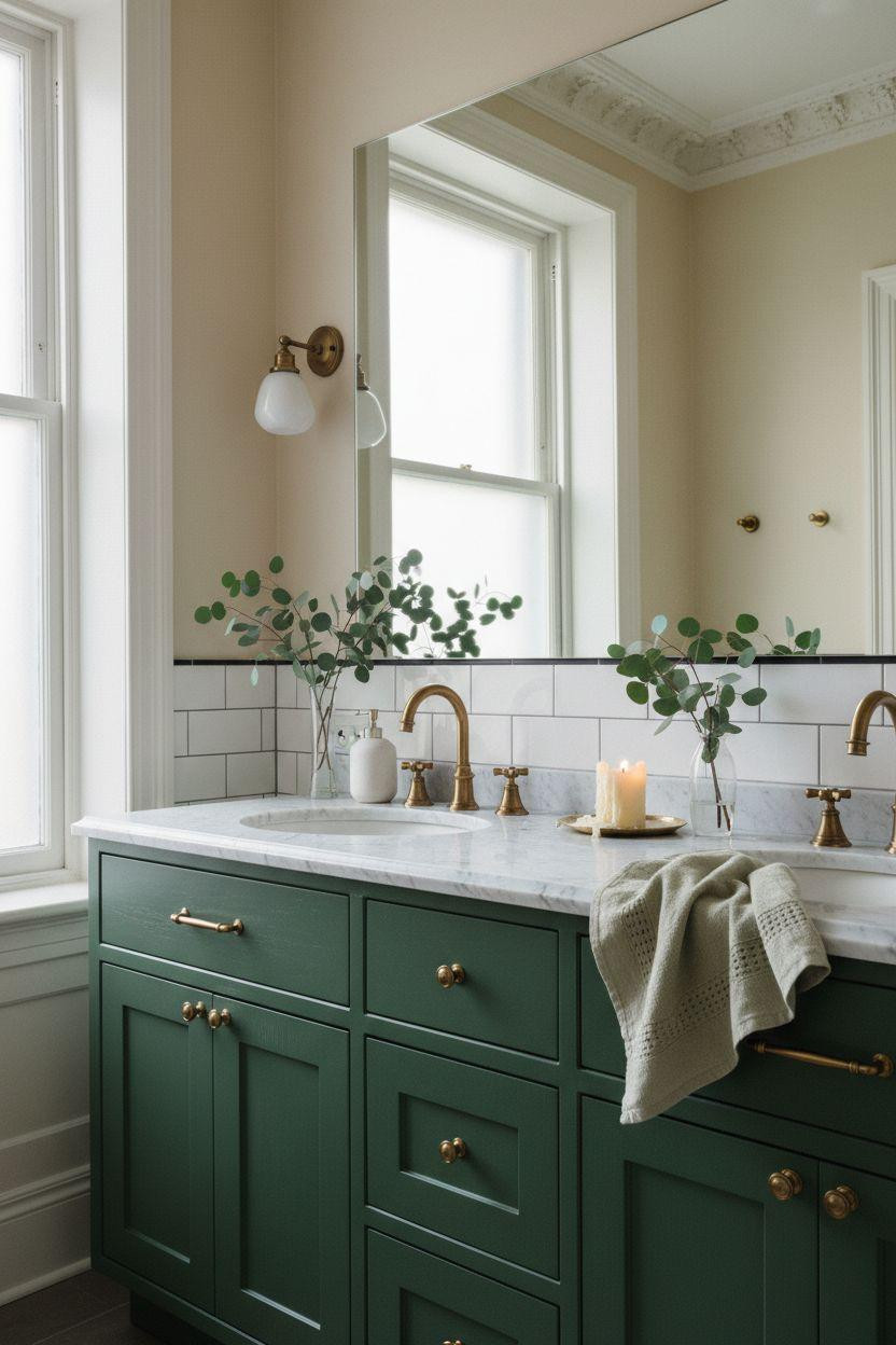 Green Bathroom Vanity with deep sage cabinetry and brass fixtures