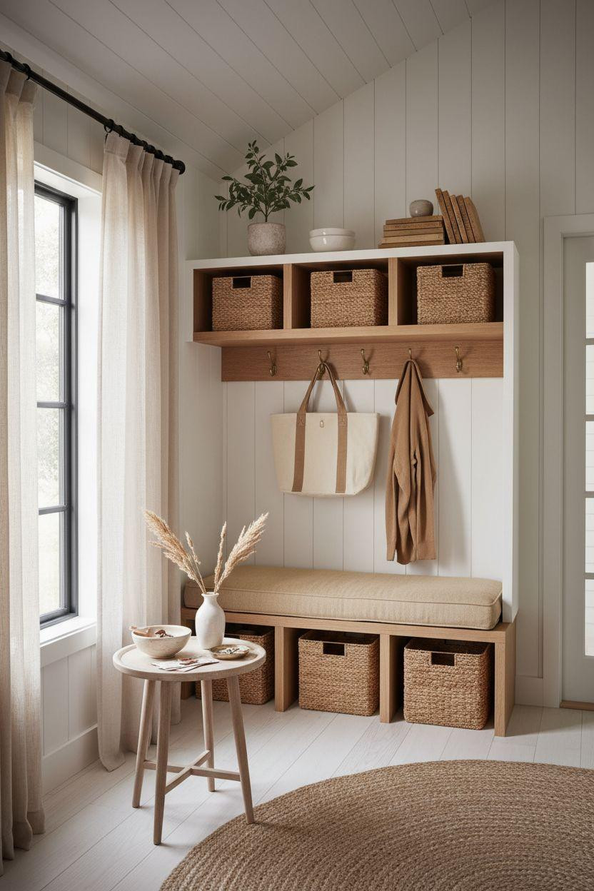 Hall Tree Entryway with open white oak cubbies and linen baskets