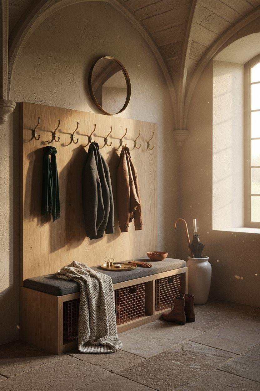 Hall Tree Entryway with aged brass hooks and copper wire baskets