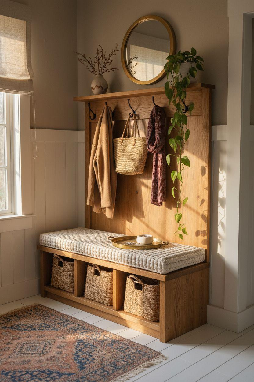Hall Tree Entryway in renovated Craftsman with shiplap and greige walls
