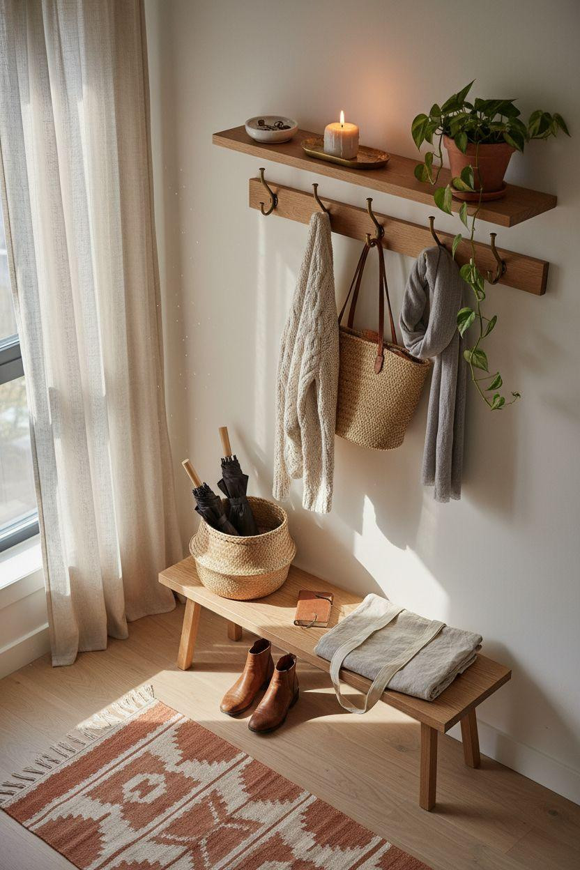 Hall Tree Entryway with wall-mounted hooks and low oak bench