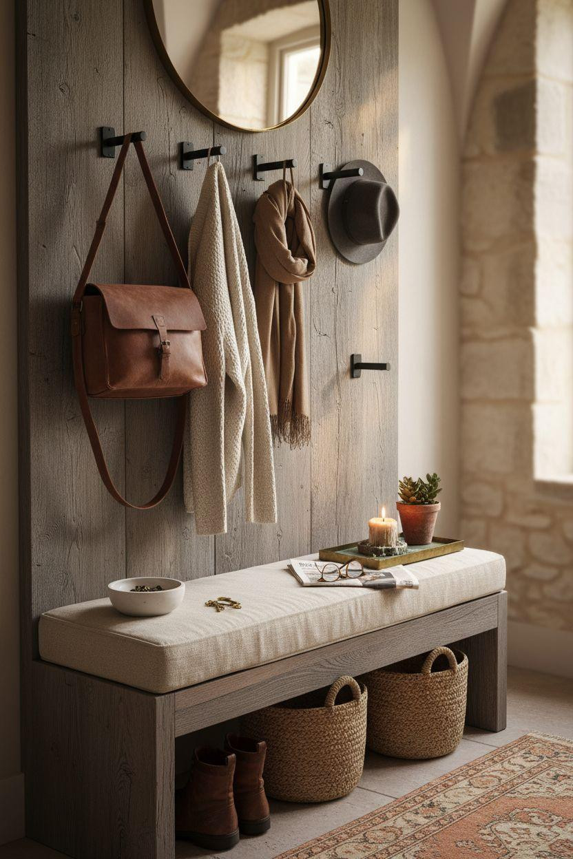 Hall Tree Entryway featuring weathered gray oak and matte black hooks