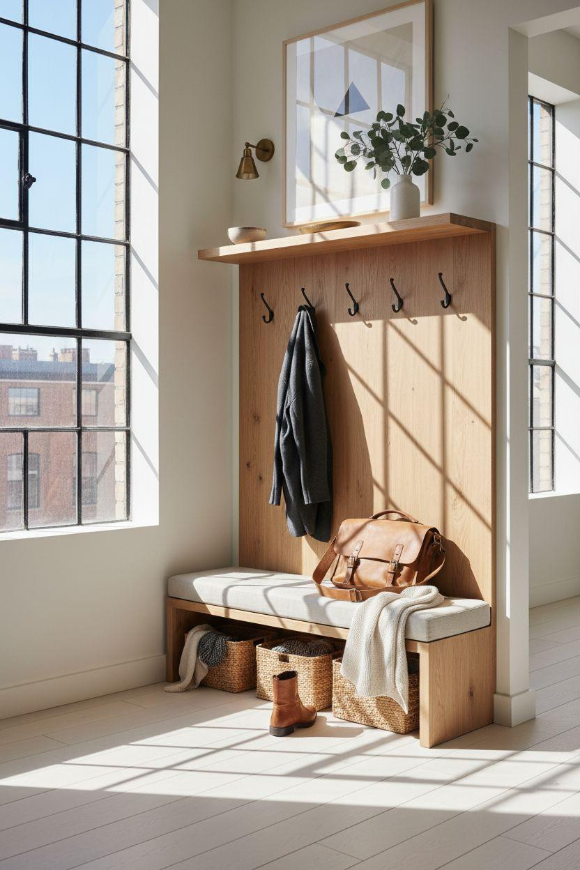 Hall Tree Entryway in bright Scandinavian loft with floating bench