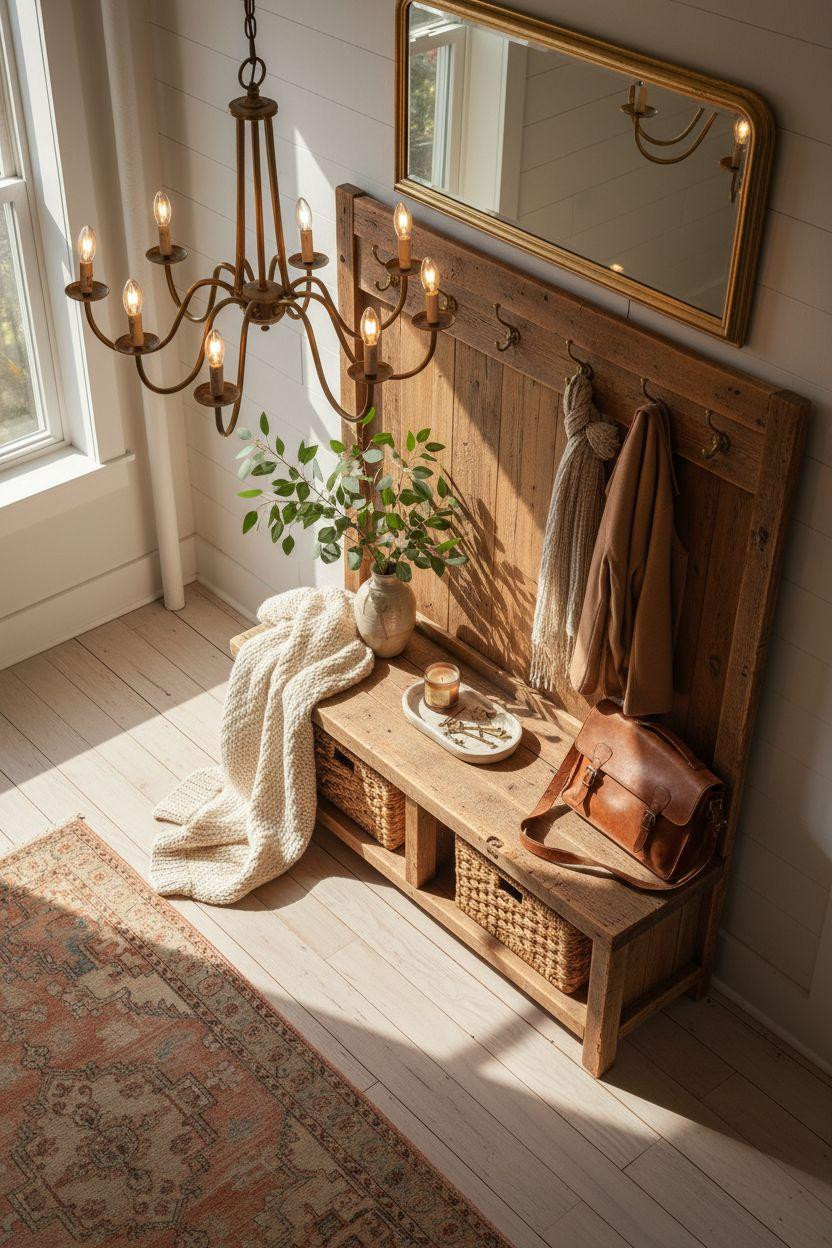 Hall Tree Entryway with overhead brass chandelier and reclaimed wood bench