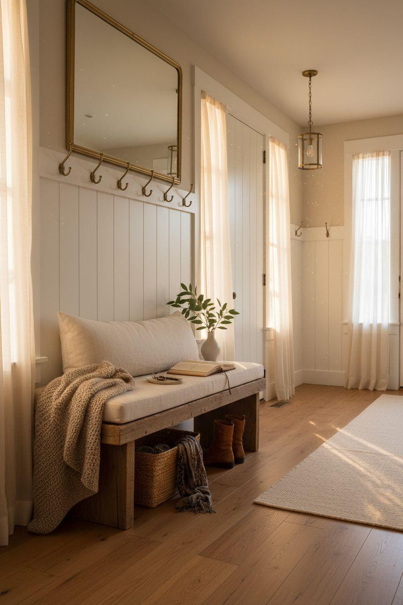 Hall Tree Entryway with white shiplap and reclaimed barn wood bench