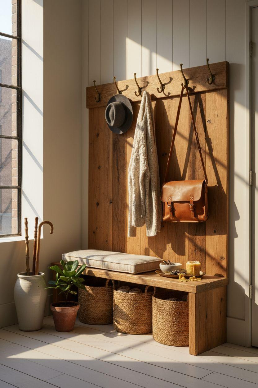 Hall Tree Entryway featuring unlacquered brass hooks and reclaimed barn wood
