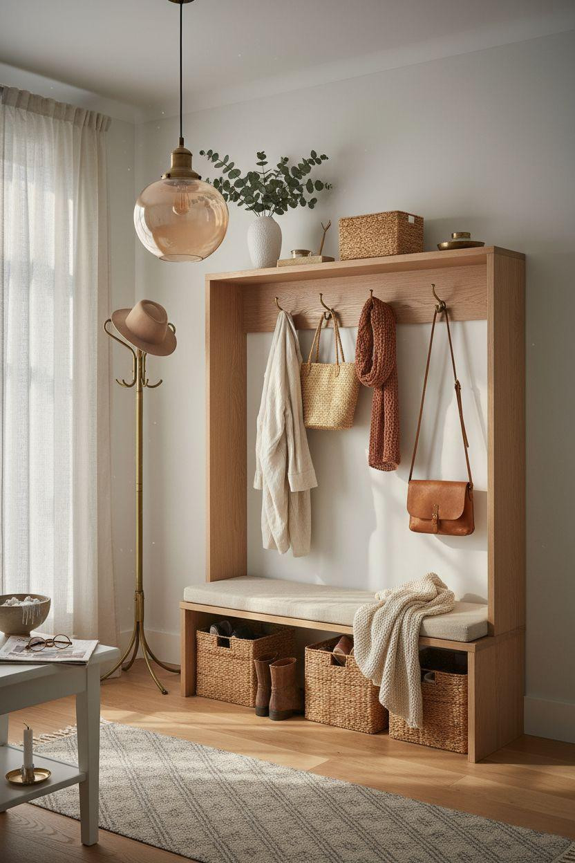 Hall Tree Entryway with aged brass pendant and geometric runner