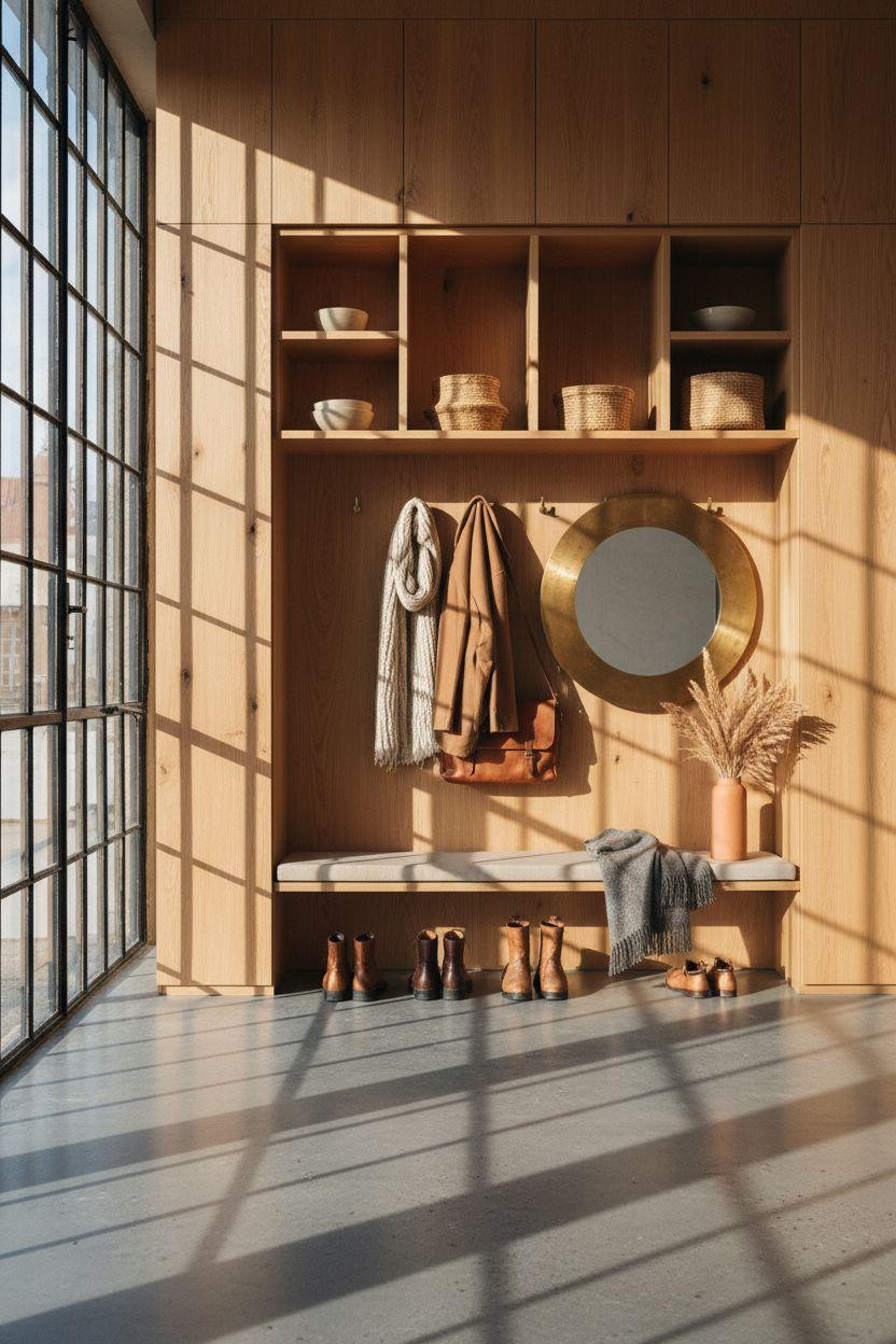Hall Tree Entryway in industrial loft with concrete floors